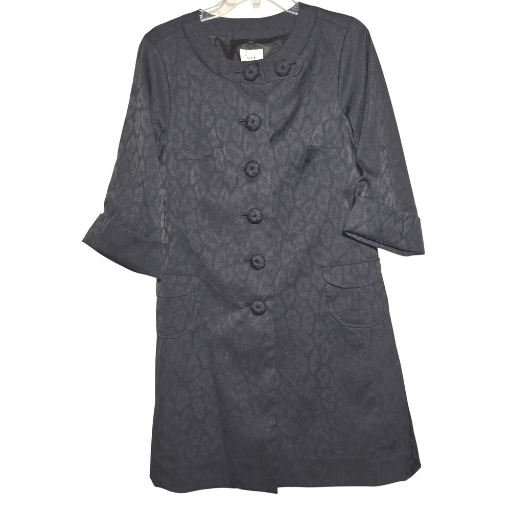 ECI NY Navy Black Leopard Jacquard Button Front Coat Dress Jacket Womens Sz 6